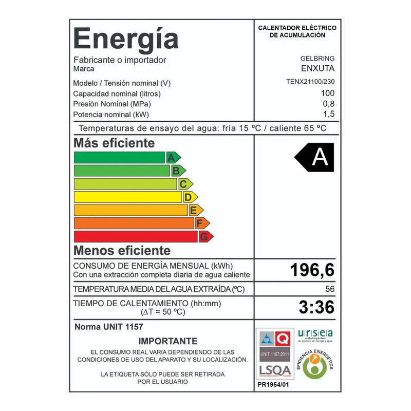 Termotanque Enxuta Eléctrico 100 L