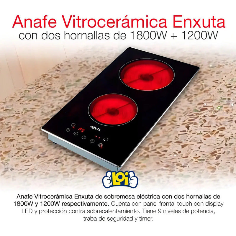 Anafe Vitrocerámica Enxuta Touch 2 Hornallas Negro Empotrable