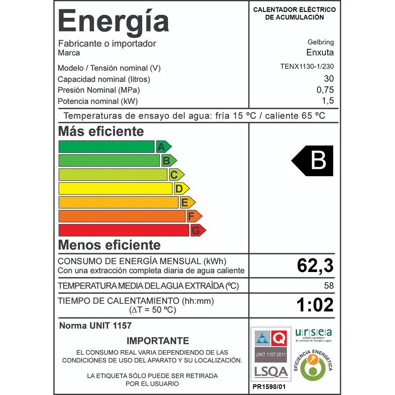 Termotanque Eléctrico Enxuta 30l Blanco 1.5kw Tenx1130-1 Blanco