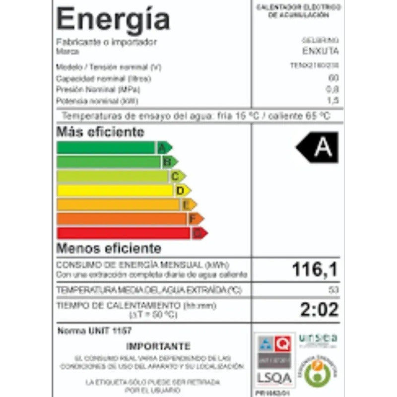 Termotanque Eléctrico Enxuta Tenx2160 60l Blanco Eficiencia A