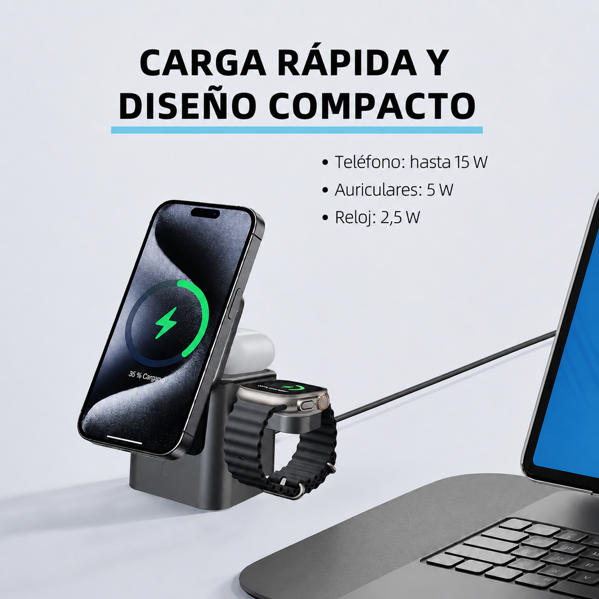 Potencias de carga para teléfono auriculares y reloj