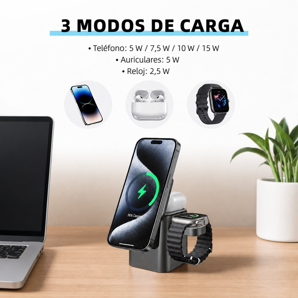Tres modos de carga inalámbrica simultánea